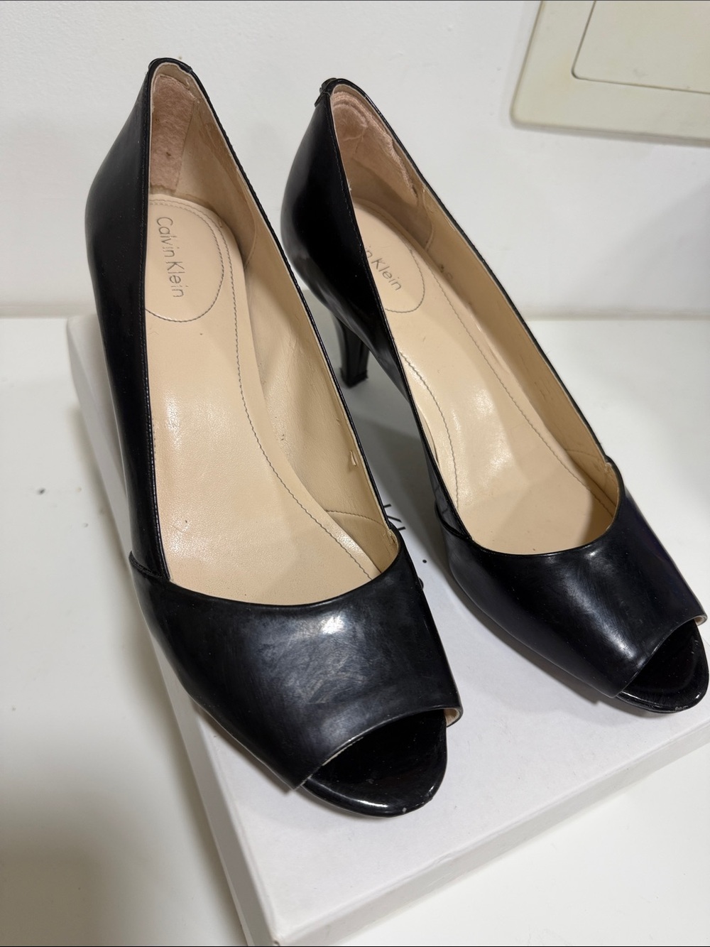 Calvin Klein Black Peep-Toe Leather Pumps